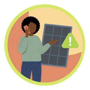 An illustration of a lady on the phone with a broken solar panel in the background