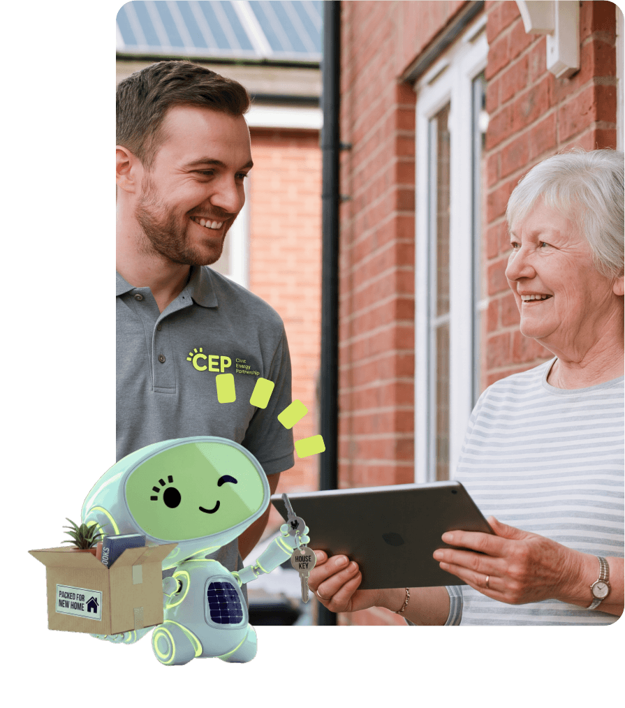 CEP installer talking to household resident on her doorstep with a tablet