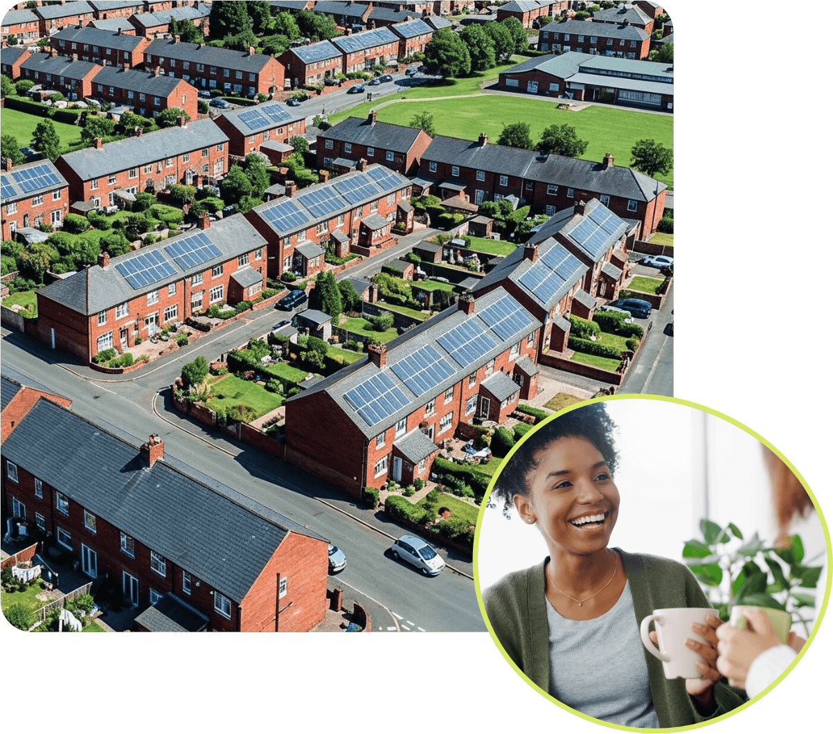 Image of housing estate and lady drinking hot drink