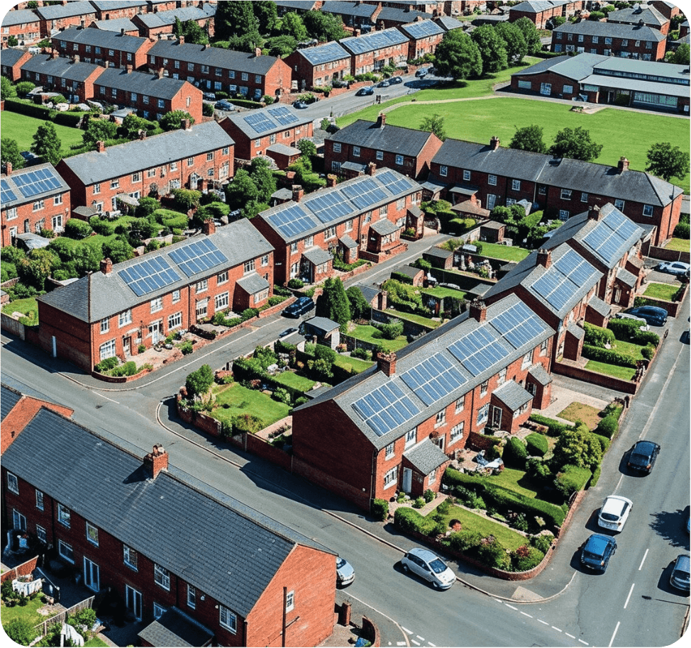 Residential area showing houses with solar panels on roofs.
