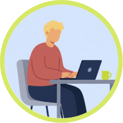 Illustration of a person at their desk working on a laptop