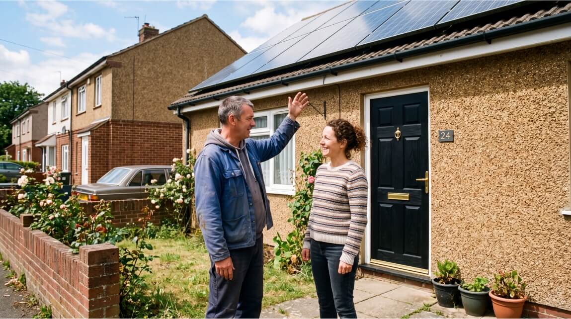 Man talking to lady outside UK house